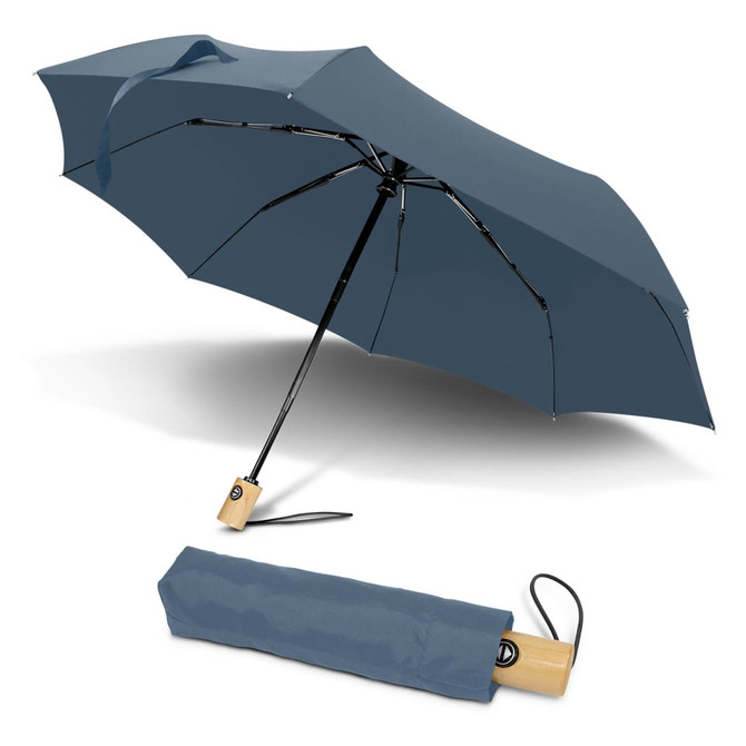 A compact grey umbrella with a wooden handle, displayed both open and folded with a carrying strap.