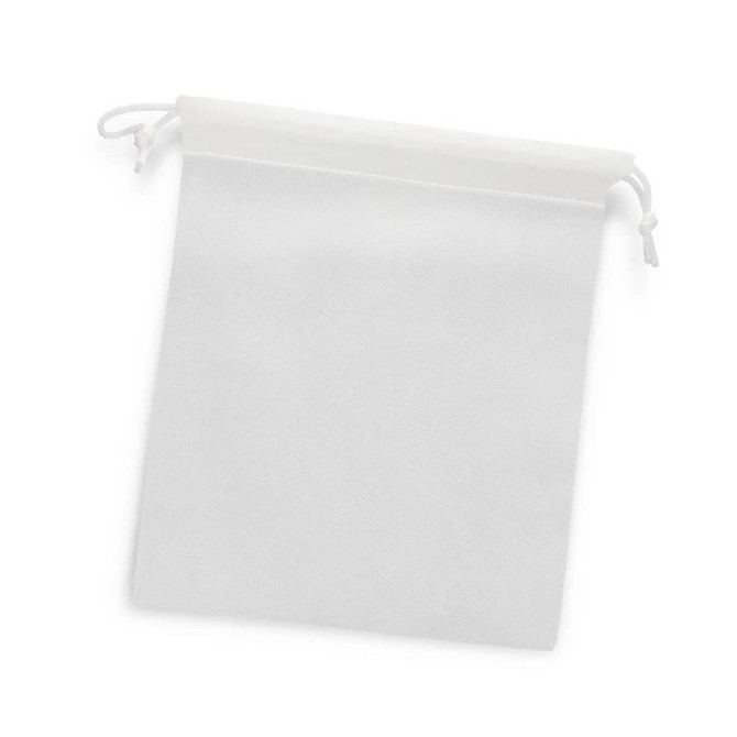 A medium drawstring gift bag in white with a simple design and a logo.