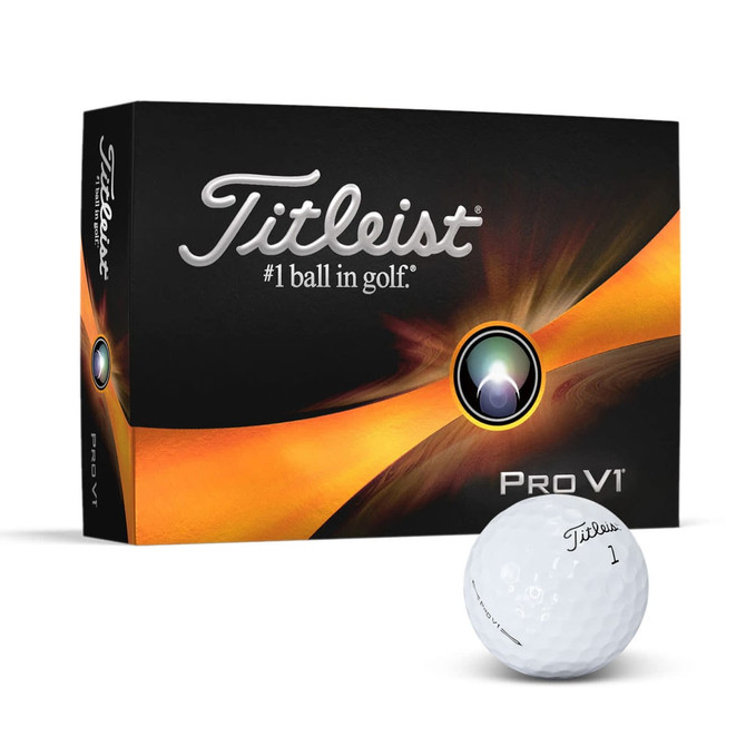 A white Titleist Pro V1 golf ball beside a black and orange box featuring a logo.