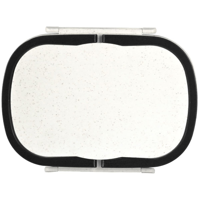 A plastic and wheat straw lunch box in a white and grey design with a black silicone seal.