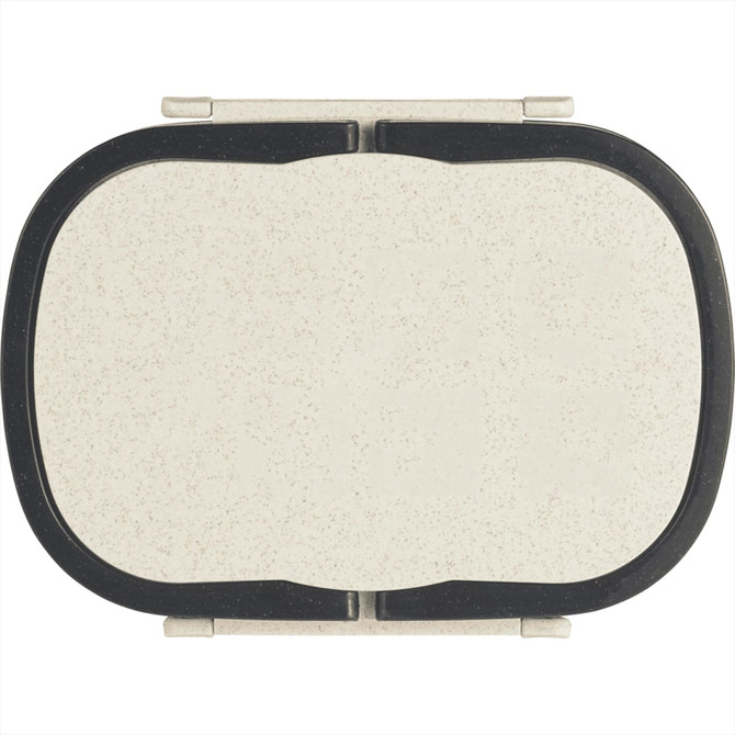 A wheat straw lunch box in a light beige colour with black accents and a secure closing mechanism.