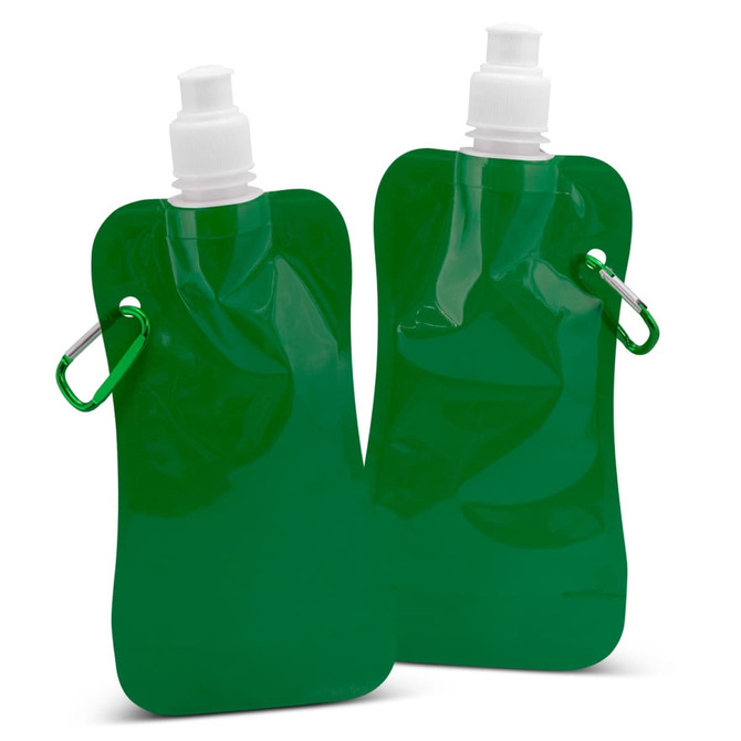 A green collapsible drink bottle with a screw-top lid and a carabiner attachment. Features a small logo.
