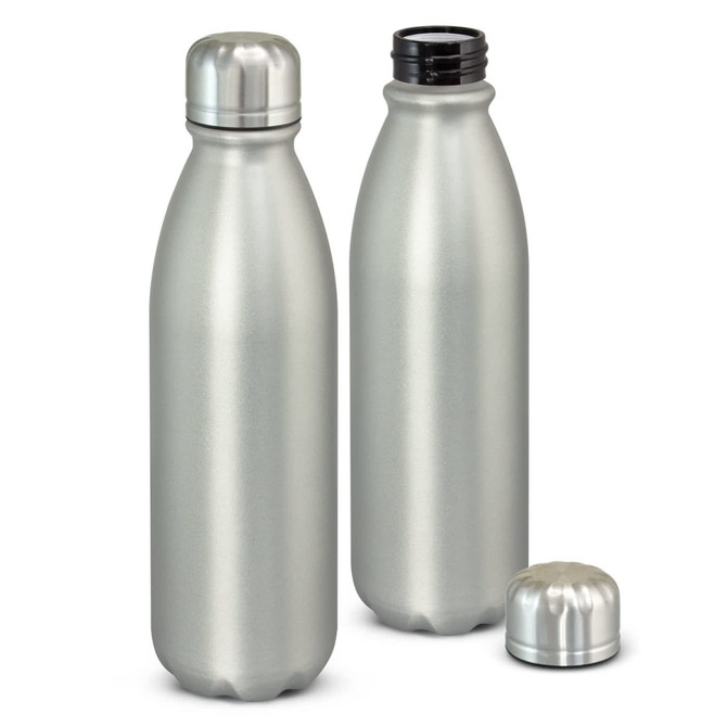 A drink bottle duo in matte silver aluminium, featuring one bottle with a screw-on lid beside it.