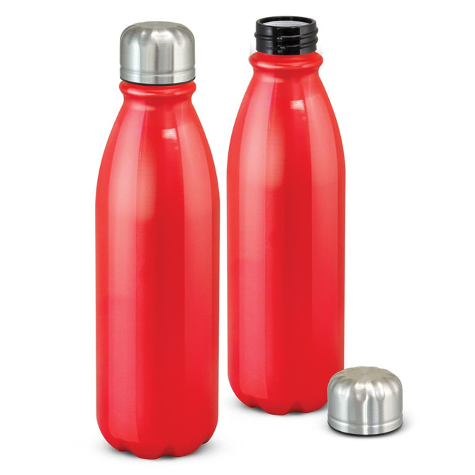 A drink bottle in vibrant red with a stainless steel cap, featuring a smooth, curved design. It has a logo.