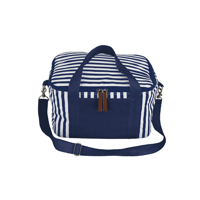 A striped cotton canvas cooler bag in navy blue and white, featuring handles and a shoulder strap.