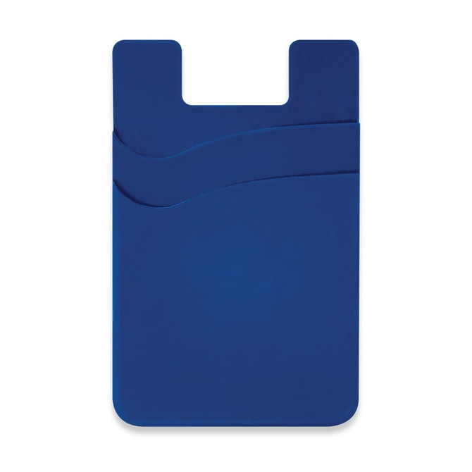 A blue dual silicone phone wallet with a gracefully curved design and a logo. Suitable for securing cards.