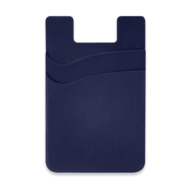 A dual silicone phone wallet in navy blue with two card slots and a wave design. Features a logo.