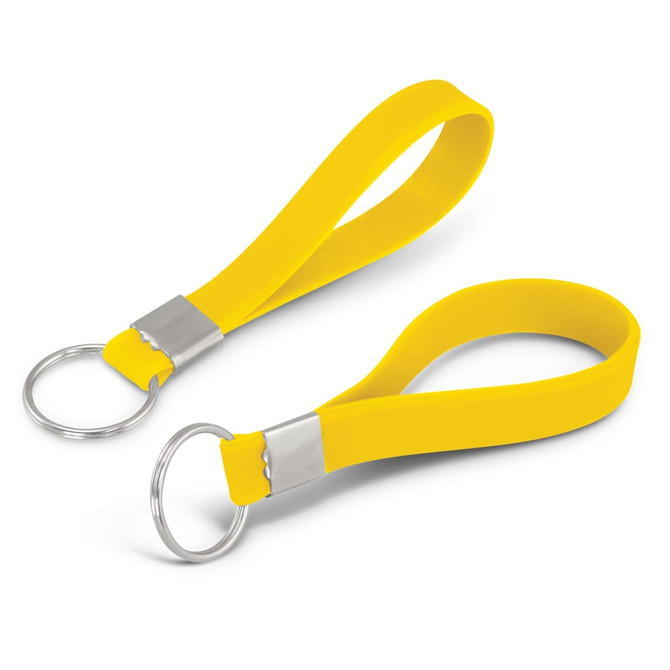 A pair of yellow silicone key rings with a metal attachment. One key ring is slightly longer than the other.