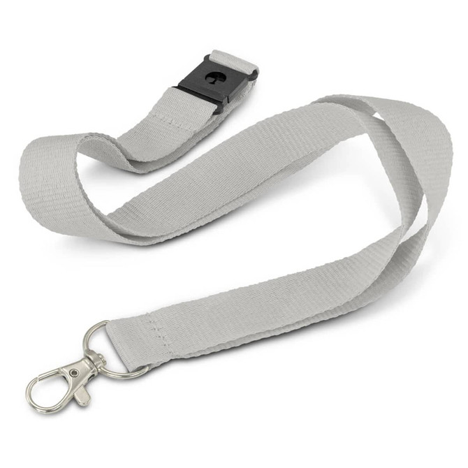 A grey glow in the dark lanyard with a metal clip and a plastic buckle, featuring a logo.