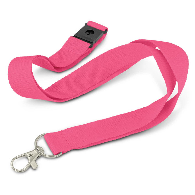 A pink lanyard featuring a clip and a buckle, with a logo printed on its surface.