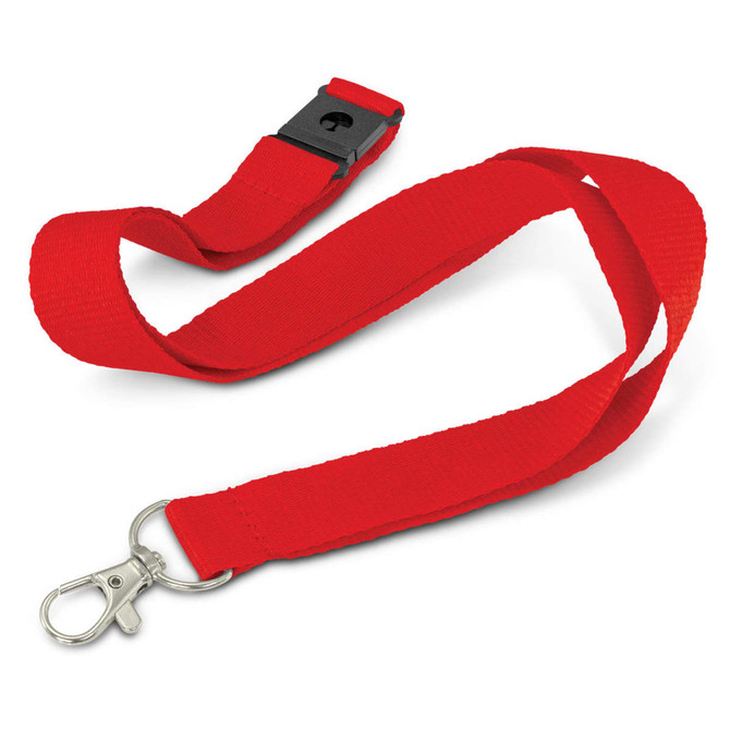 A red lanyard with a metal clip and a breakaway safety feature. It features a logo.