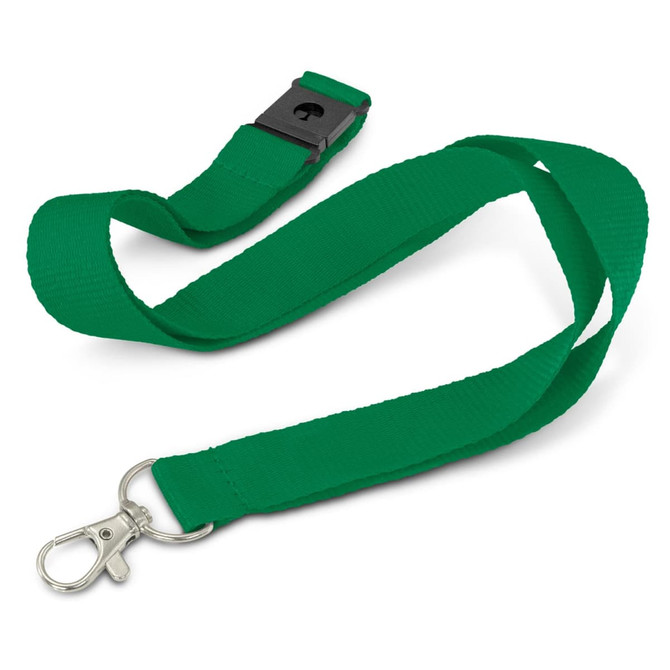 A green glow-in-the-dark logo lanyard with a silver clip and adjustable buckle.