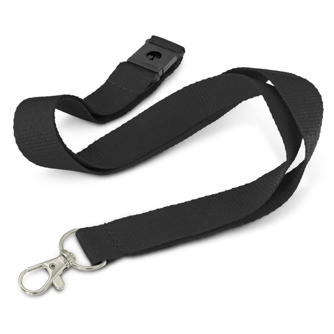 A black lanyard with a metal clip and a breakaway buckle, featuring a logo.