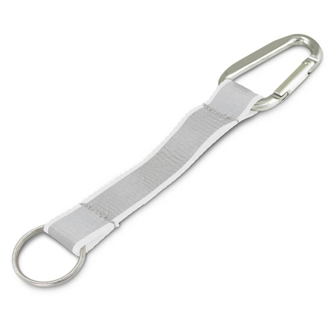 A silver reflector key ring with a carabiner clip and a fabric strap in grey.