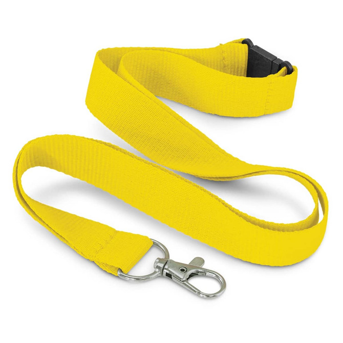 A bright yellow RPET lanyard with a metal clip and black buckle for secure attachment.