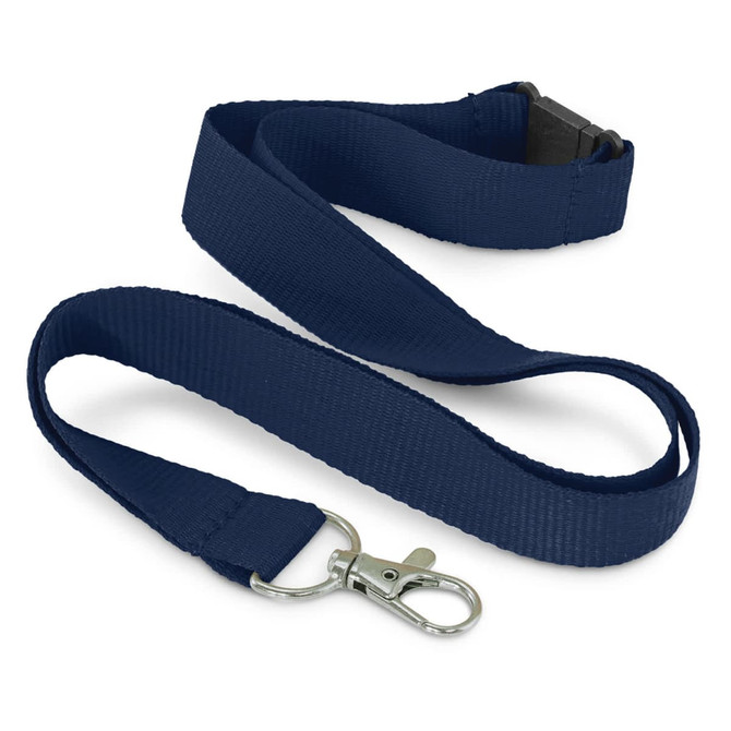 A navy RPET lanyard with a metal clip and a sturdy buckle, featuring a textured finish.