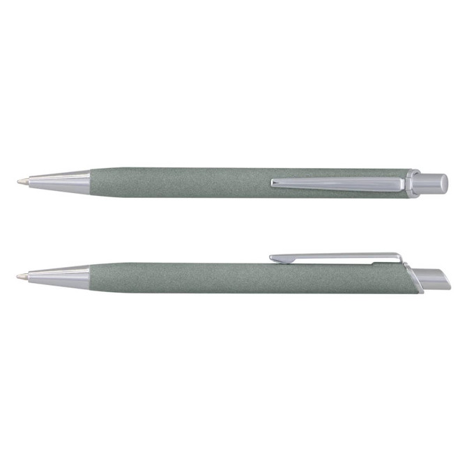 A metal pen in a soft green finish with silver accents and a clip, featuring a logo on the body.