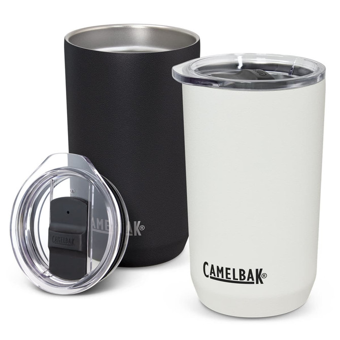 A drink bottle featuring a black and a white vacuum tumbler, both with a clear lid and a branded logo.