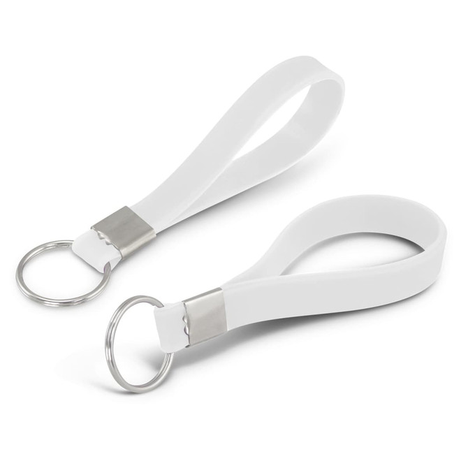 A white silicone key ring featuring a debossed design and a metal keyring attachment.