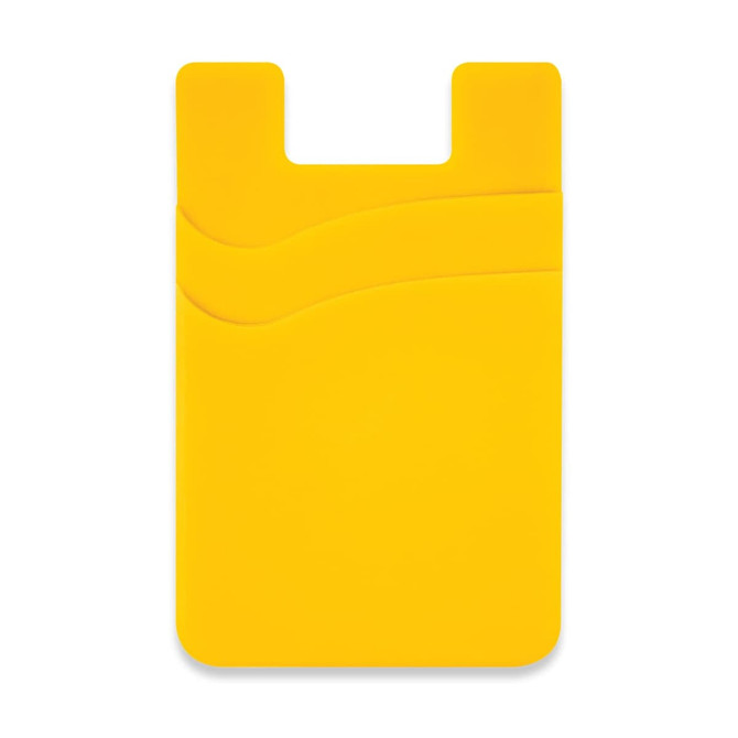 A yellow dual silicone phone wallet with two curved sections and a logo.