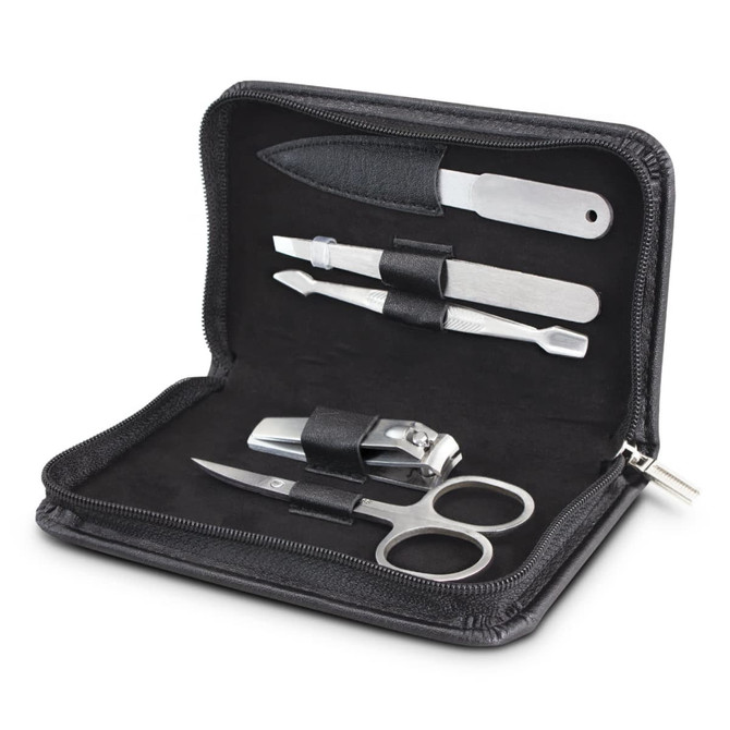 A black zippered case containing a manicure set with scissors, nail clippers, and multiple tools.
