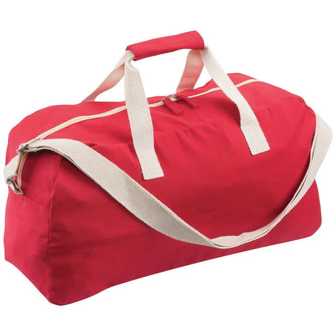 A red duffle bag with cream handles and a zip closure, featuring a logo on the side.