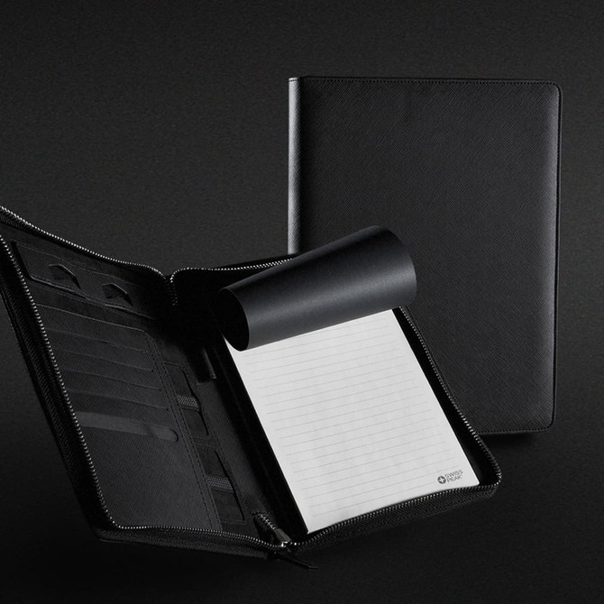 A black Swiss Peak Heritage A4 portfolio with a zipper, featuring an open section with a notepad and card slots.