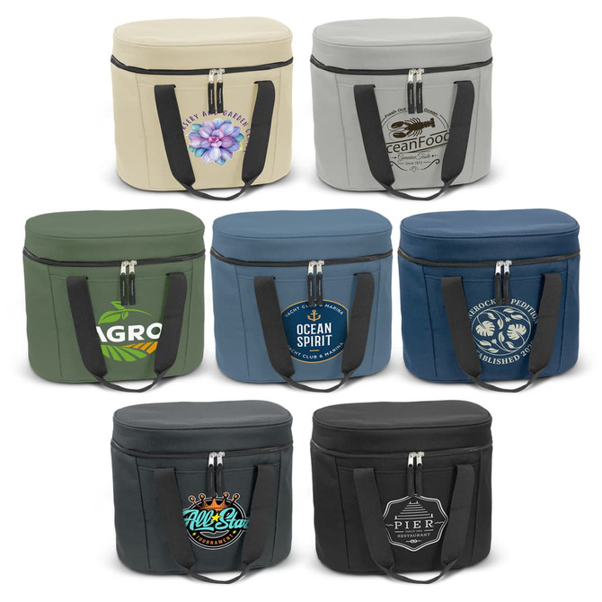 A cooler bag assortment in cream, grey, green, blue, and black, each with different designs and a logo.
