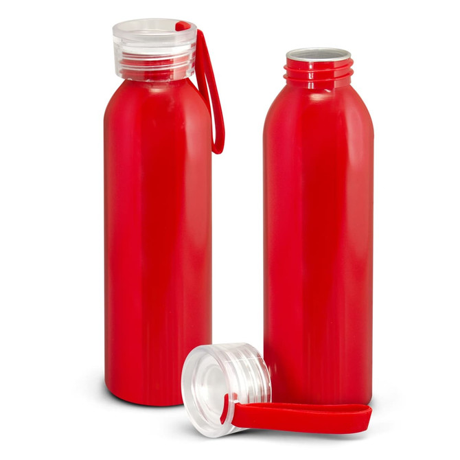 A drink bottle set featuring two bright red bottles with clear lids and red straps. One bottle is upright, and one is on its side.