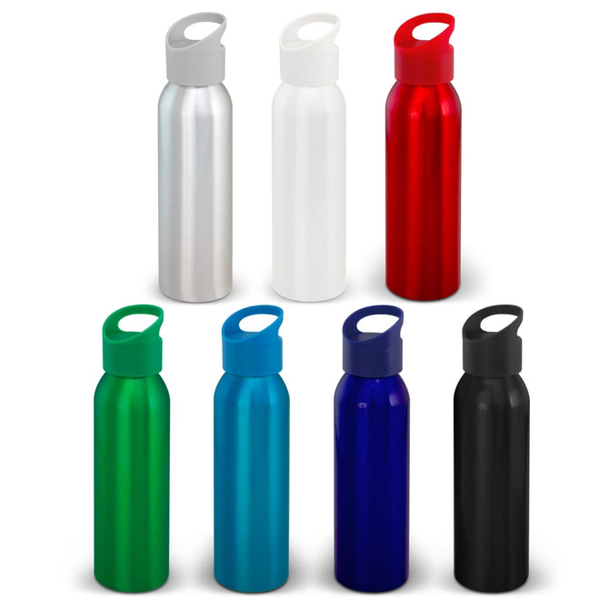 A drink bottle collection featuring aluminium bottles in silver, white, red, green, blue, and black with a sporty cap design.