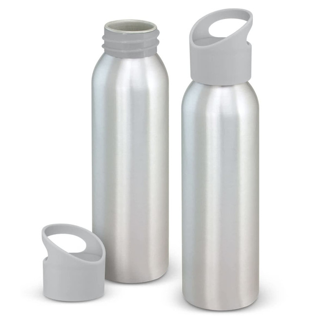 A drink bottle in silver aluminium with a grey plastic cap, featuring a loop handle for easy carrying.