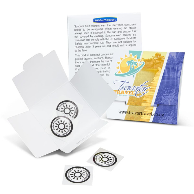 A box containing Sunburn Alert Stickers in black and white, with a logo, set against a light background.