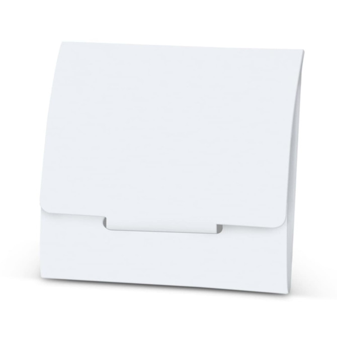 A white folding box with a flap closure, suitable for various packaging needs.