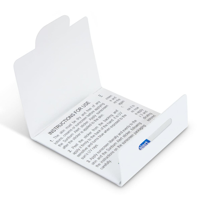 A white instructional box for "Sunburn Alert Stickers" displaying usage guidelines. It features a small logo.