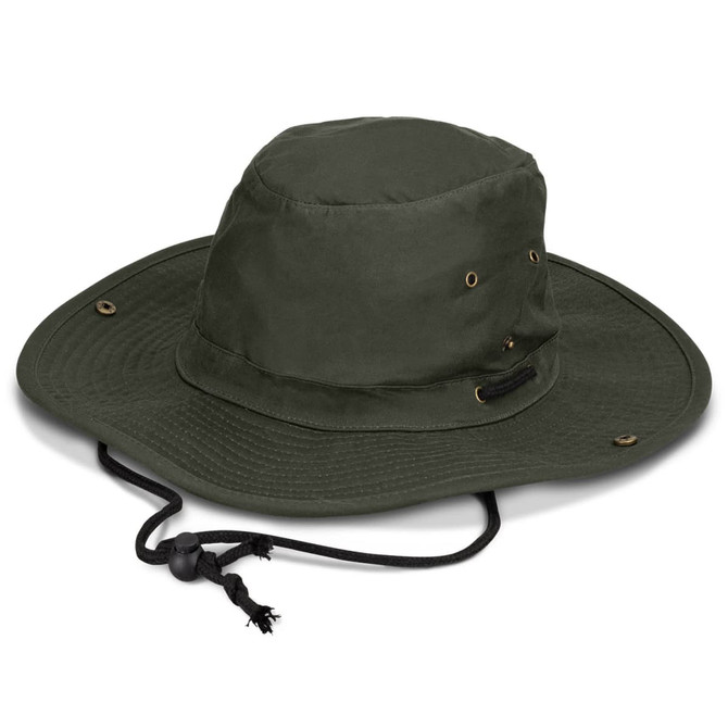 An olive green oilskin wide brim hat with eyelets and an adjustable cord. Suitable for outdoor activities.
