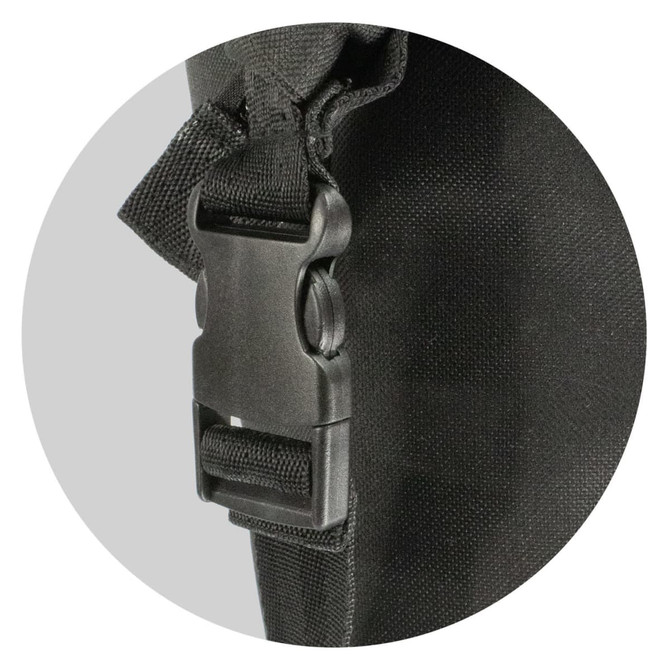 A black roll top cooler bag featuring a sturdy clip closure. The bag has a simple, sleek design.