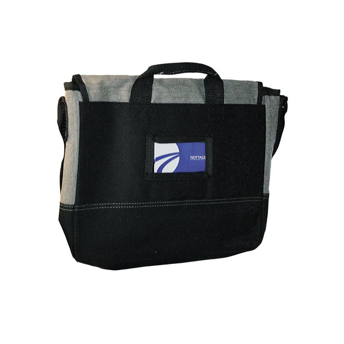 A faded black and grey tablet messenger bag with a handle and adjustable strap. It features a front pocket and logo.