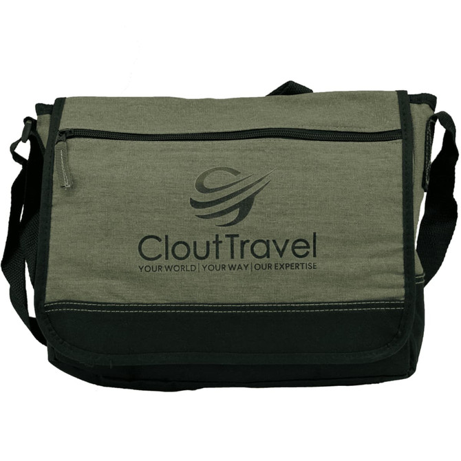 A faded green messenger bag featuring a shoulder strap and a logo, designed for carrying laptops.