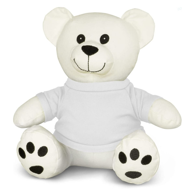 A plush toy bear in white with a friendly face and black accents, wearing a plain white shirt.