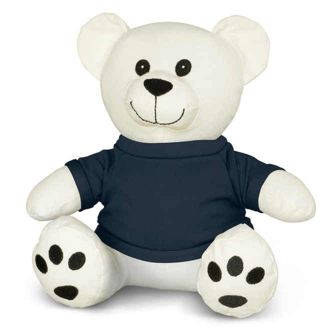 A white plush bear toy with a smiling face, wearing a navy blue shirt and black paw prints on its feet.