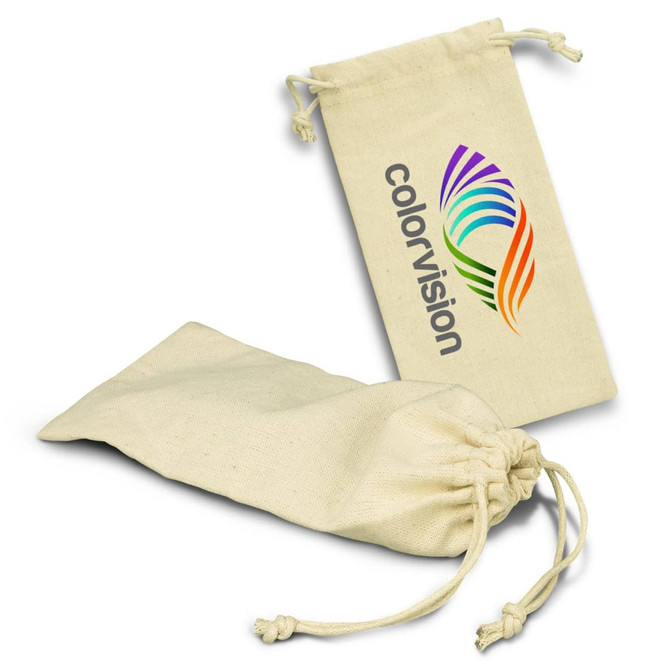 A cotton drawstring pouch in cream colour featuring a logo, ideal for storing sunglasses or small items.