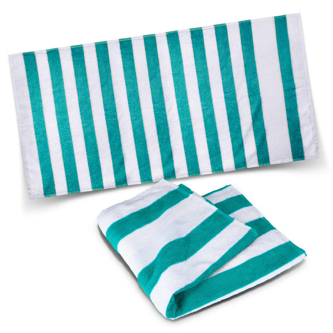 A striped beach towel in teal and white, featuring a logo, displayed flat and folded.