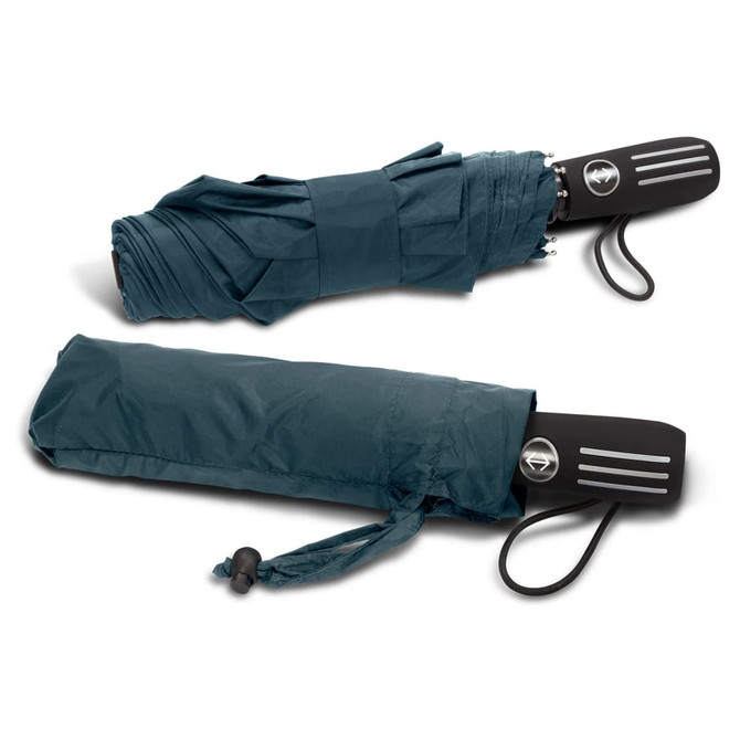 A dark green compact umbrella with a black handle and logo, neatly folded for storage.
