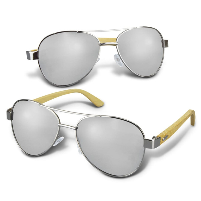 Aviator sunglasses with mirror lens and bamboo arms, featuring a stylish metallic frame.