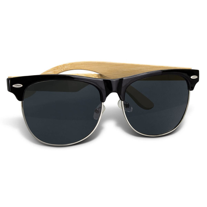 Maverick sunglasses featuring a black frame and bamboo accents, with dark lenses. Includes a logo.
