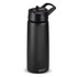 A drink bottle in matte black with a secure lid and a handle, featuring a branding logo.