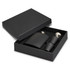 A black hip flask gift set in a sleek box, featuring a flask and two stainless steel pour tops.