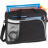 A black laptop bag with a mesh pocket, filled with notebooks, a pen, and various accessories.