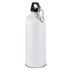 A drink bottle in white with a black cap and a carabiner clip for easy attachment.
