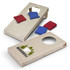 A cornhole game set featuring two wooden boards in light tan with a logo, accompanied by blue and red bean bags.